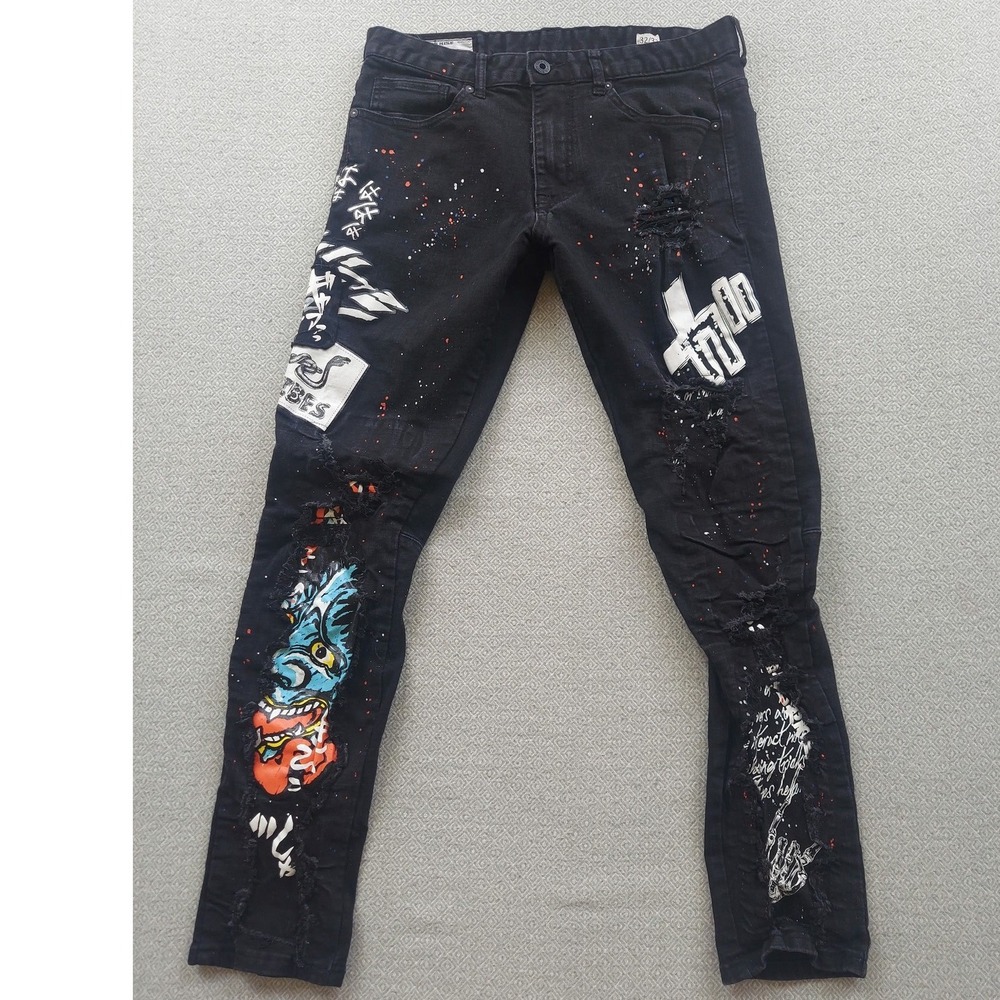 Smoke Rise Jeans Mens 32x32 Black Distressed Graphic Paint Splatter Streetwear